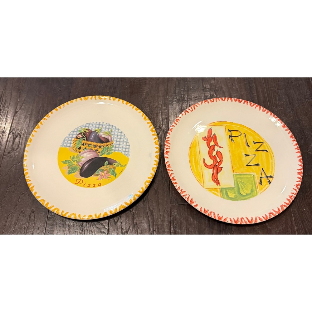C.M.S. Pizza Plates Eggplant Pepper Hand Painted Ceramic Set of 2 Italy NEW